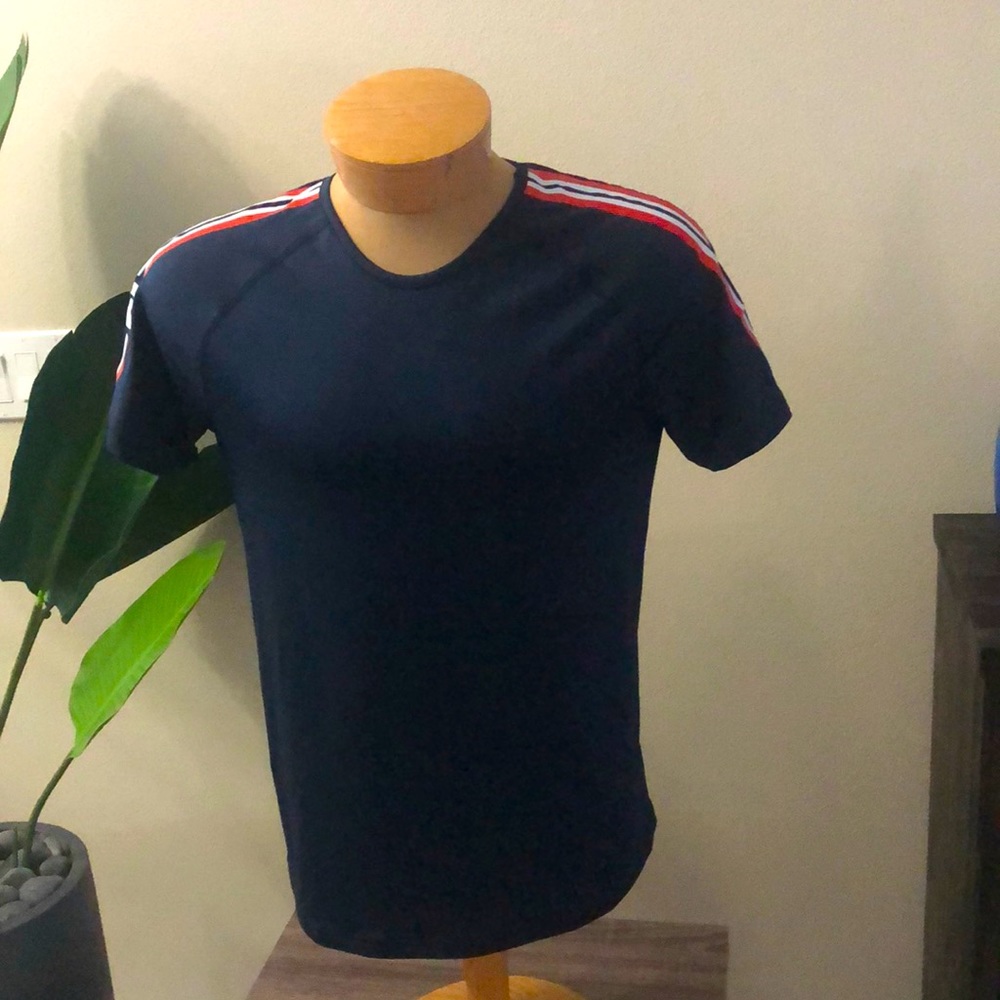 Navy poly jersey T-shirt with red and white trim